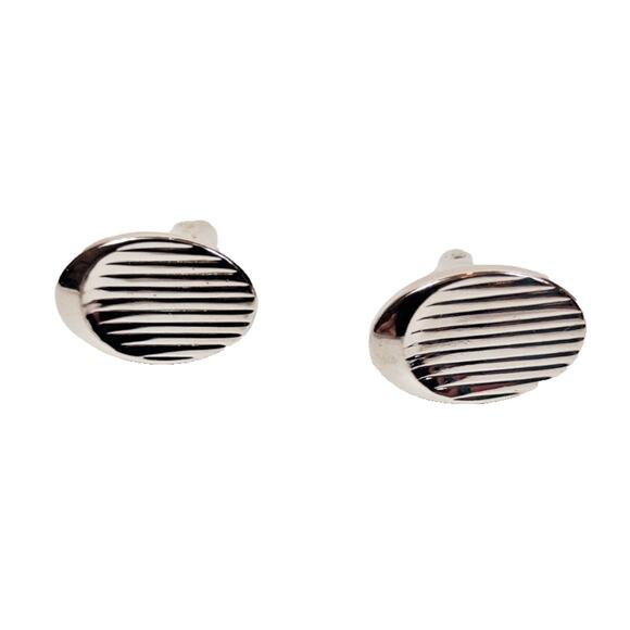 Vintage Oval Ribbed Silver Stainless Cuff Links EMJ Emmons Pair Formal Cufflinks - Picture 1 of 6